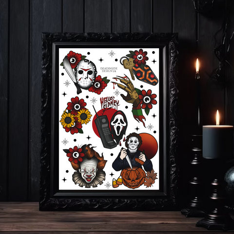 SLASHER ICONS HORROR TATTOO FLASH SHEET ART PRINT