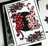 PINK/RED HEART PANTHERS TRADITIONAL TATTOO ART PRINT